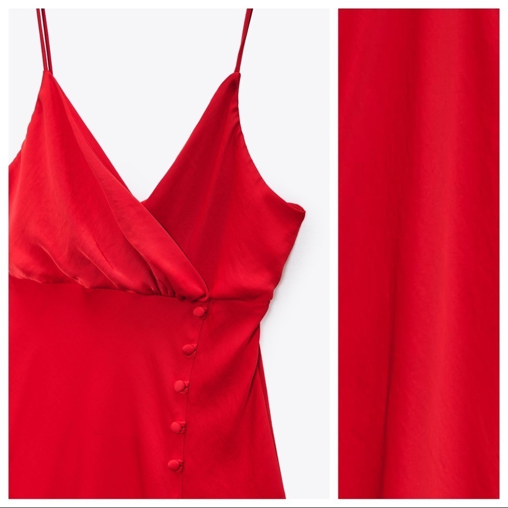 NWT. Zara Red Satin Camisole Strappy Slit Midi Dress. Size XS - Picture 5 of 10